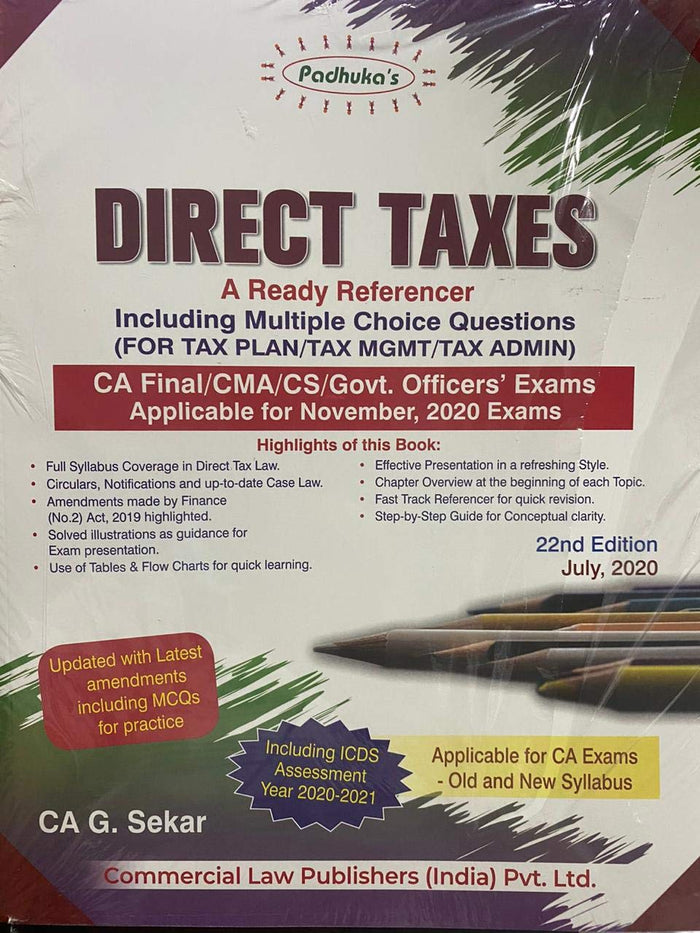 Padhuka's Direct Taxes A Ready Referencer Including MCQs for CA Final - 22/e, july 2020 by CA G Sekar - Paperback cover