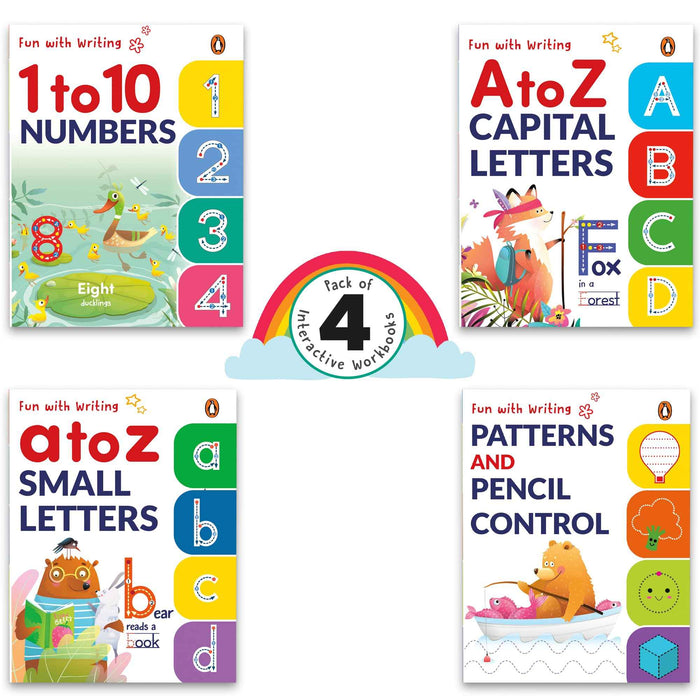 Front cover of the book 'Fun with Writing (Pack of 4 Books): A set of 4 Activity Books for PreSchool Kids, Toddlers | | Book for 3+ [Penguin Earl' by Penguin.
