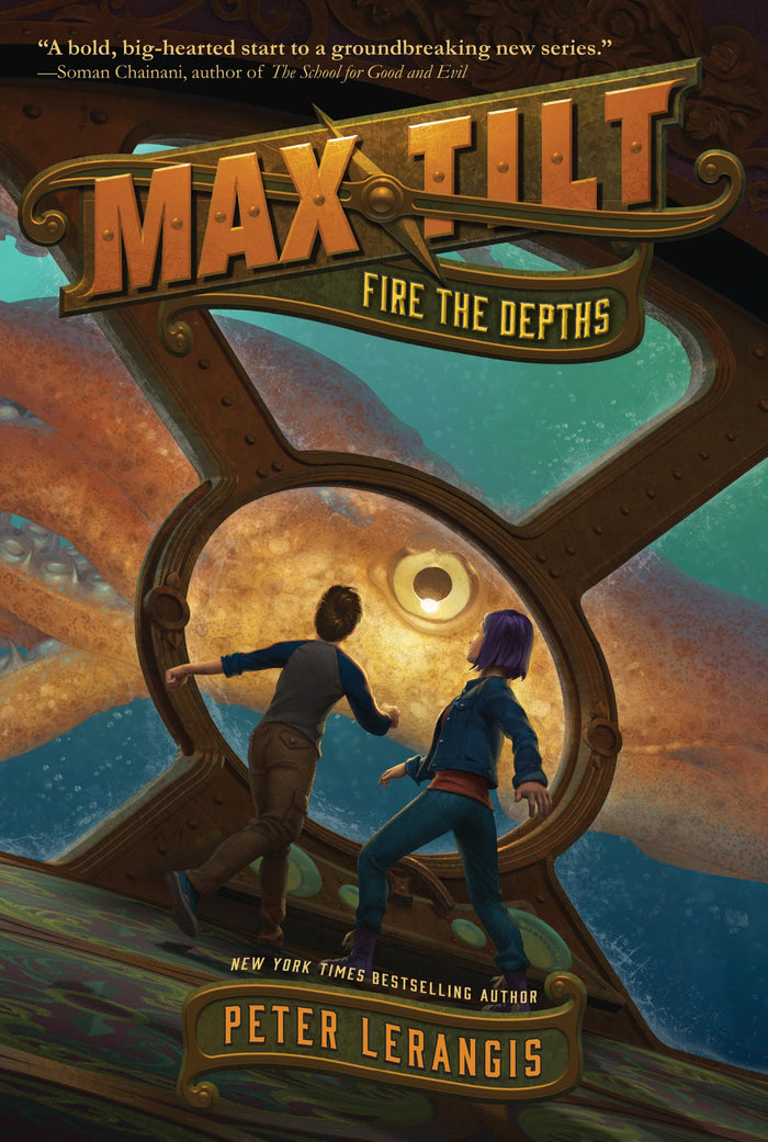 Max Tilt: Fire the Depths: Jules Verne's secret manuscript hides real treasure―Max and cousin Alex race a ruthless rival, a whirlpool, and a giant squid to find it by Peter Lerangis - Paperback cover