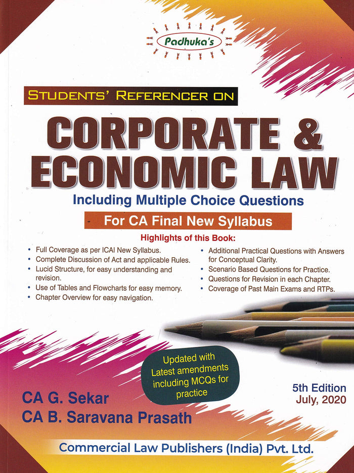 Padhuka's Student's Referencer on Corporate & Economic Law Including MCQs for CA Final New Syllabus - 5/e, july 2020 by CA G Sekar - Paperback cover