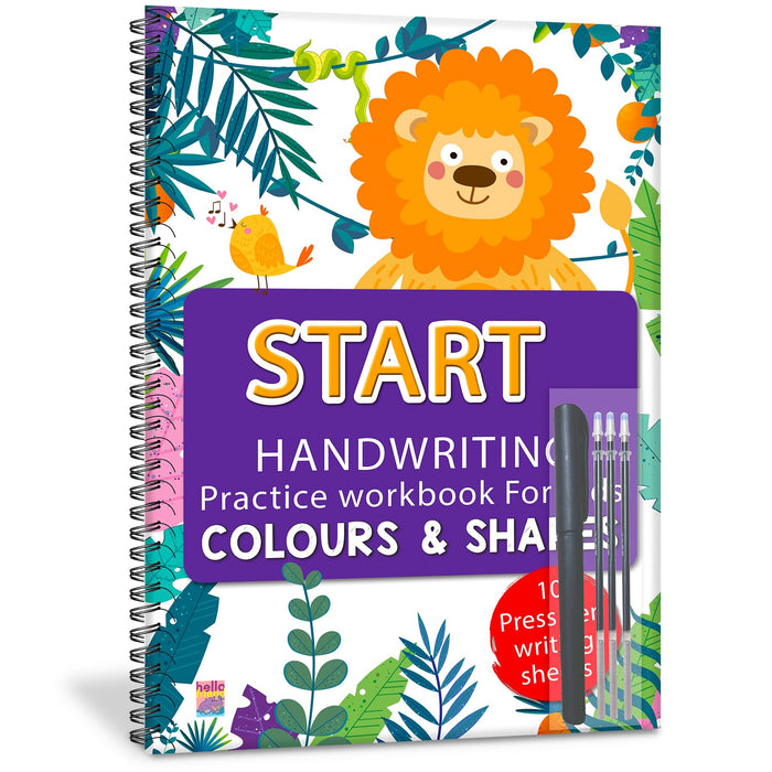 Front cover of the book 'Hello Start Handwriting Practice Workbook for Kids, Colours & Shapes, 10 Pages, 21x28 cm, with Press Pen' by Bribasi.