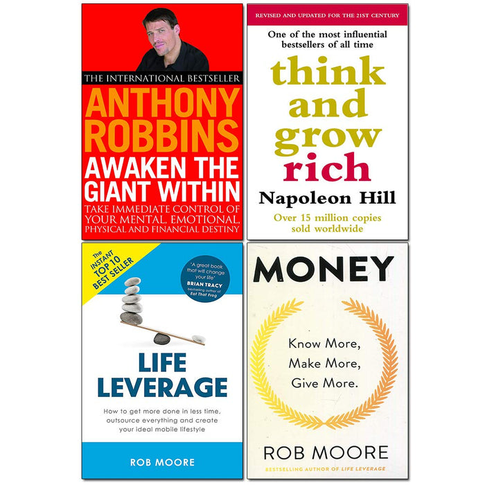 Think And Grow Rich, Money Know More Make More Give More, Life Leverage, Awaken The Giant Within 4 Books Collection Set by Napoleon Hill - Paperback cover