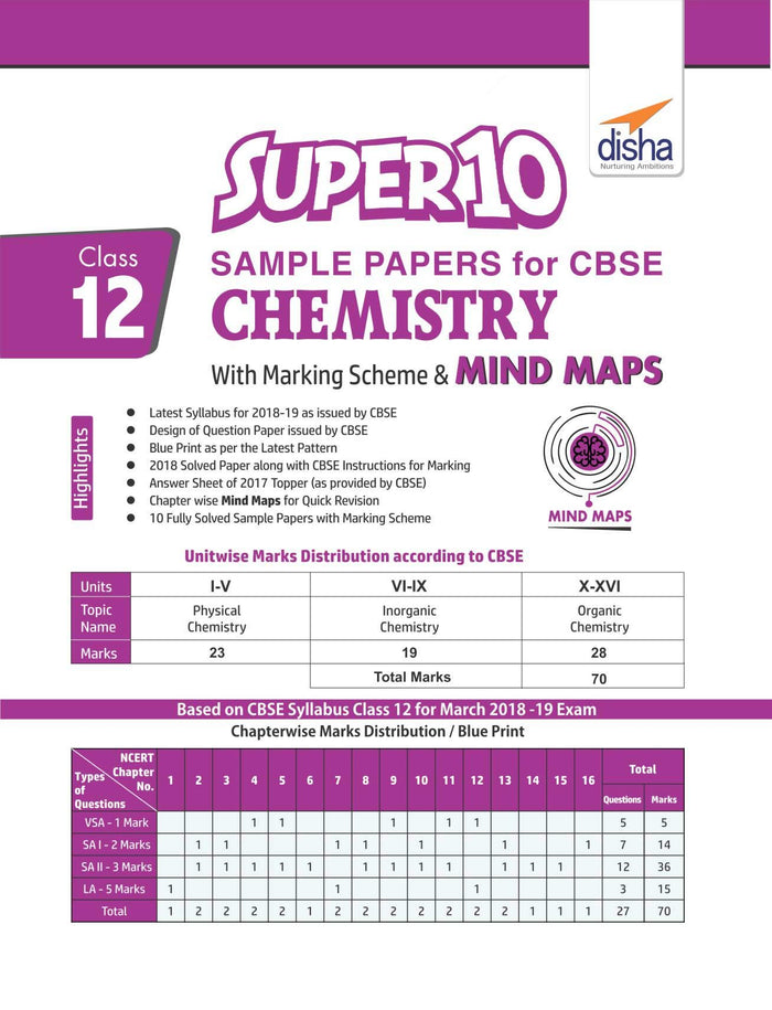 Super 10 Sample Papers for CBSE Class 12 Chemistry with Marking Scheme & MINDMAPS by Disha Experts - Paperback cover