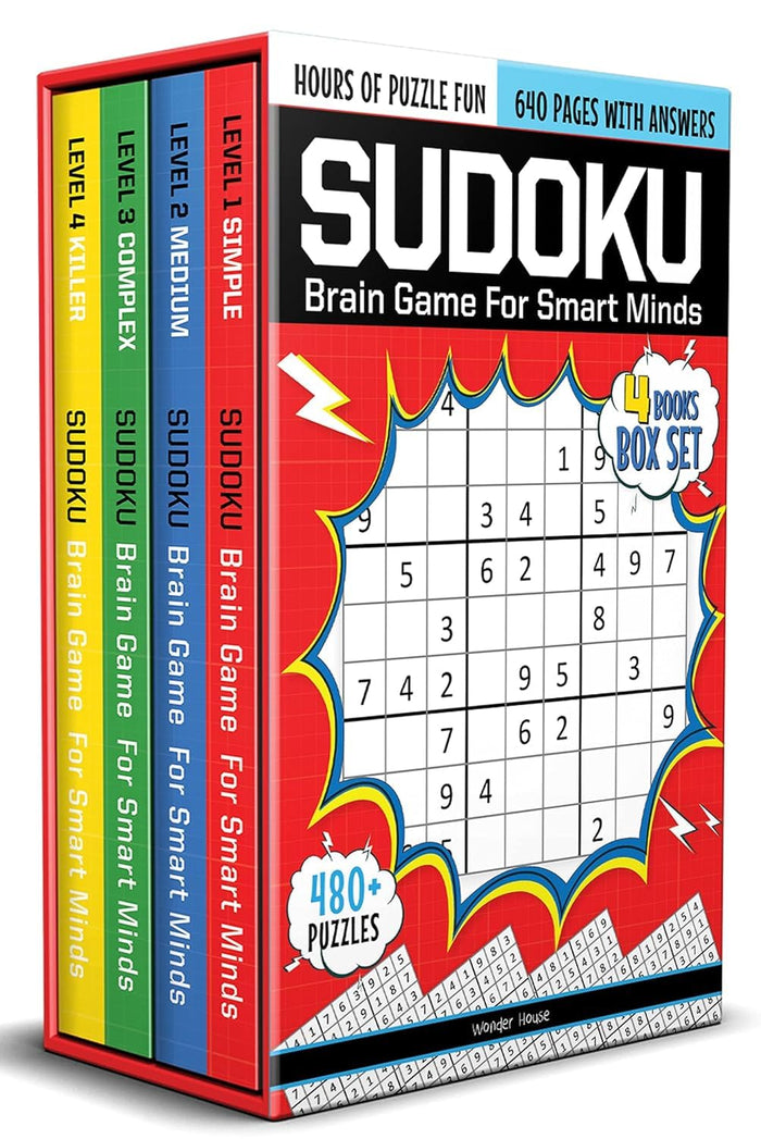 Sudoku - Brain Games For Smart Minds Box Set Of 4 Books : Brain Booster Puzzles for Kids, 480 + Fun Games. Combo of Easy, Hard, Killer, Complex Levels. by Wonder House Books - Paperback cover